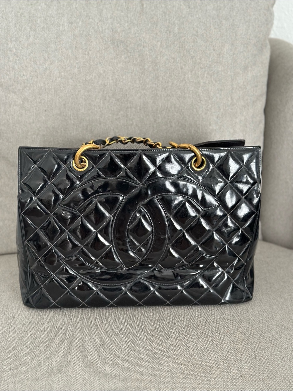 CHANEL Black Quilted Patent Leather Tote with Gold Chain Handles